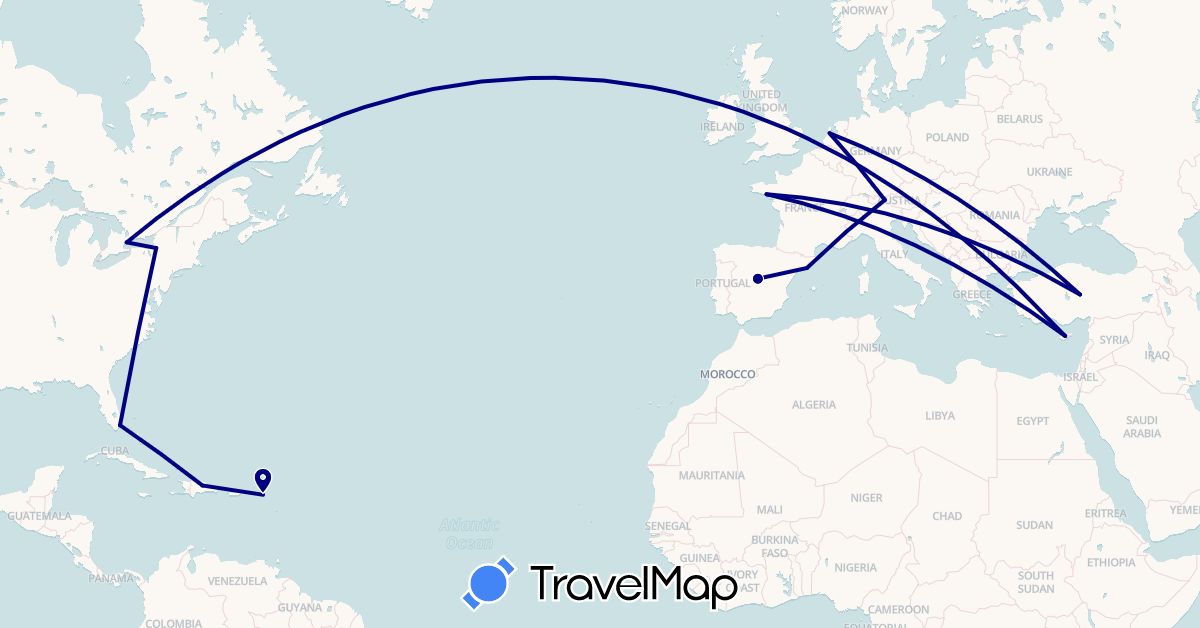 TravelMap itinerary: driving in Austria, Canada, Cyprus, Dominican Republic, Spain, France, Netherlands, Turkey, United States (Asia, Europe, North America)